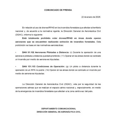 DGAC advierte que esta prohibido el uso de drones en zonas de combate de incendios forestales