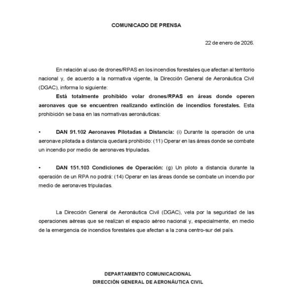 DGAC advierte que esta prohibido el uso de drones en zonas de combate de incendios forestales