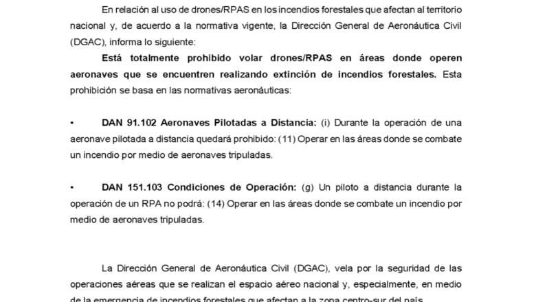 DGAC advierte que esta prohibido el uso de drones en zonas de combate de incendios forestales